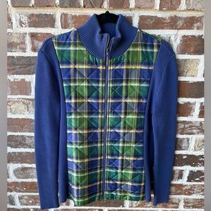 J. McLaughlin Blue Green Plaid Silk Ribbed Sweater Jacket Size Medium